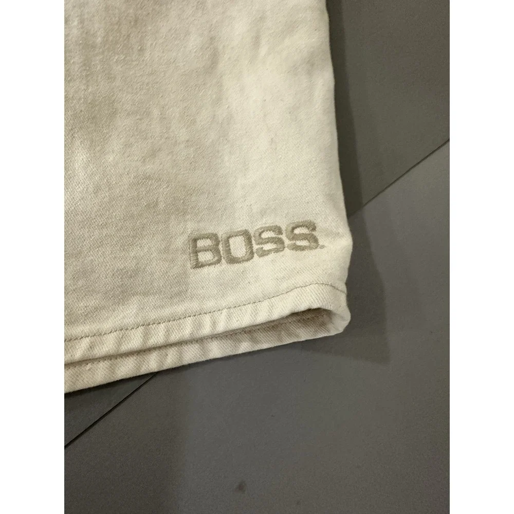 Vintage Boss Mens‎ Beige Denim Jean Shorts Embroidered Logo Size 30